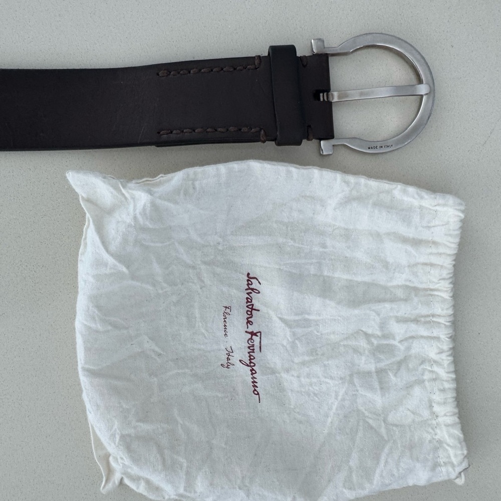 Salvatore Ferragamo Dark Brown Leather Belt with Silver Buckle